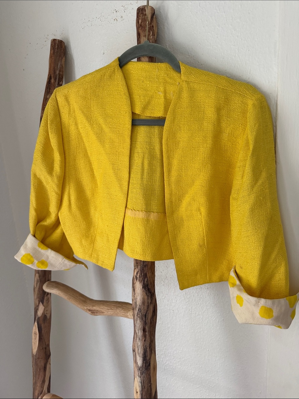 Vintage Sunshine Yellow Cropped Bolero Jacket with Polka-Dot Cuffs Handmade M